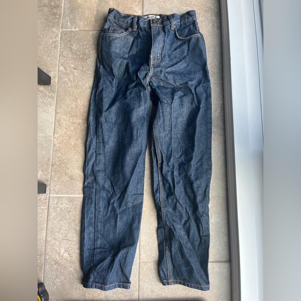 Naked & Famous Denim Indigo Jeans with Mustard Stitching